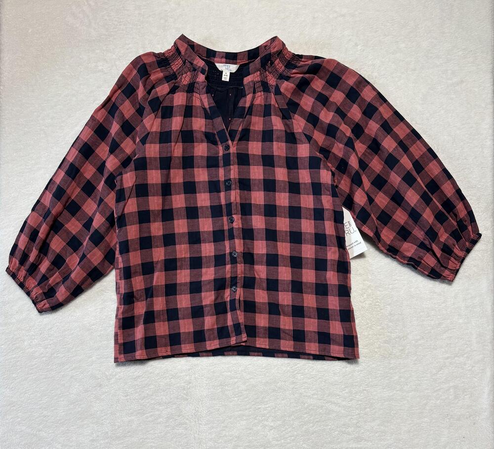 Time And Tru Shirt Womens Small Red Navy Plaid Puff Sleeve Button Down Cotton